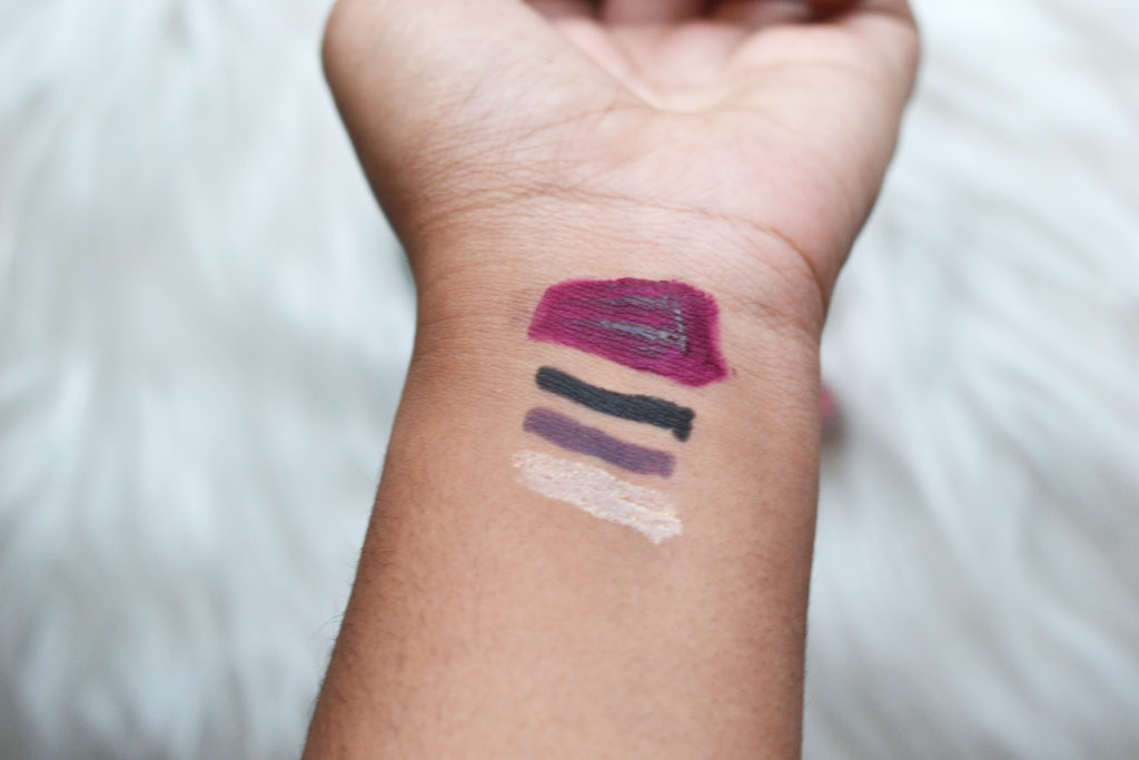 MAC Make-Up Art Cosmetics Collection Swatches: Tricolor Lipglass (James Kaliardos), Kajal Crayons (Diane Kendal), and Kabuki Magic Retro Matte