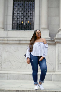 Off the shoulder top - Forever 21 | Frayed fringe bottom jeans - Fashion Nova