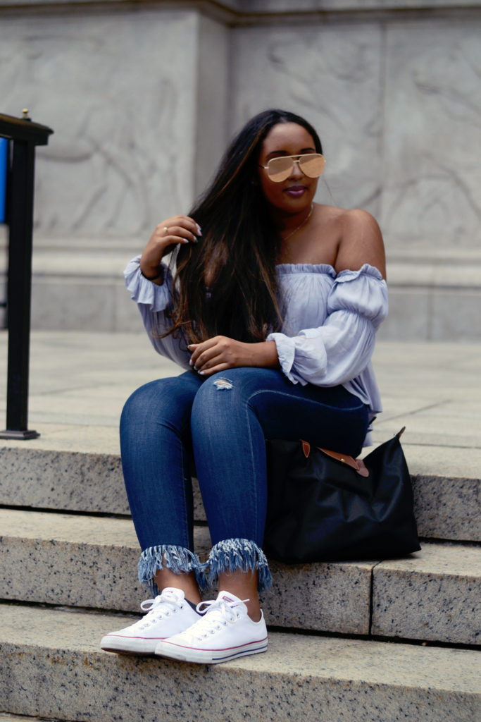 Off the shoulder top - Forever 21 | Frayed fringe bottom jeans - Fashion Nova 