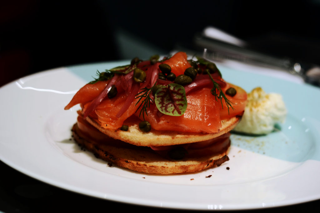 Breakfast at Tiffany's: My Experience at The Blue Box Cafe - Smoked Salmon & Bagel Stack with cream cheese smear, beefsteak tomato, capers, and red onion