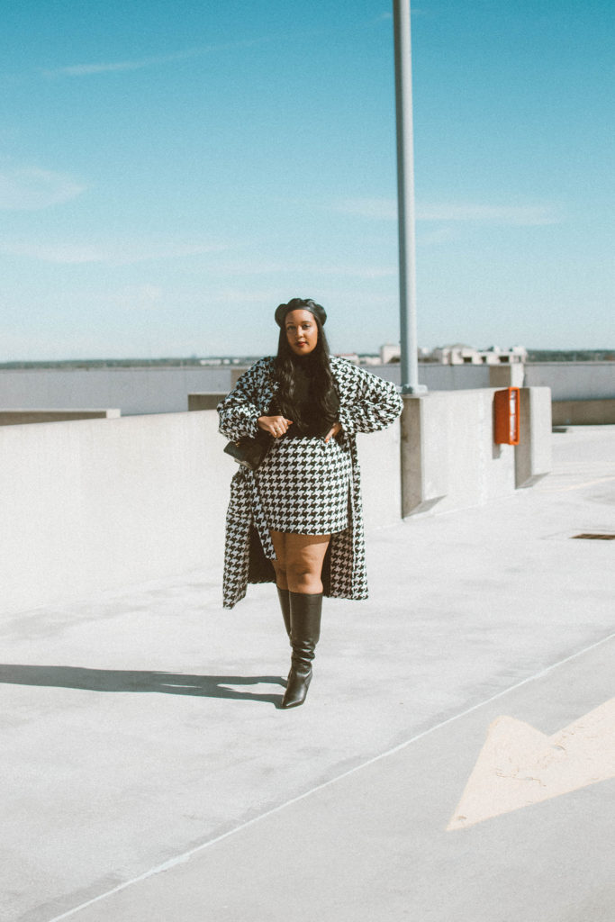 Lorna Luxe x In The Style Gabrielle Houndstooth Oversized Coat and Micro Mini Skirt