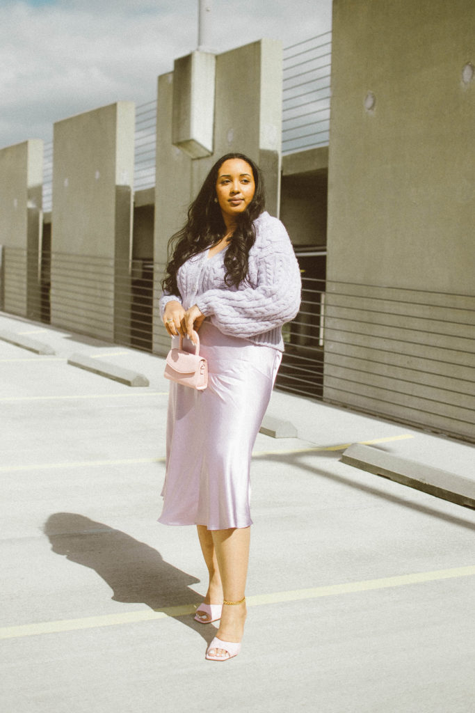 Purple Monochromatic Valentine’s Day Outfit; cable-knit cardigan from Zara and satin skirt from H&M