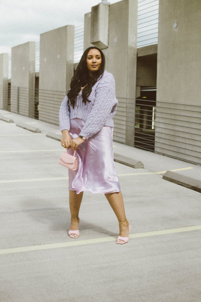 Purple Monochromatic Valentine’s Day Outfit; cable-knit cardigan from Zara and satin skirt from H&M