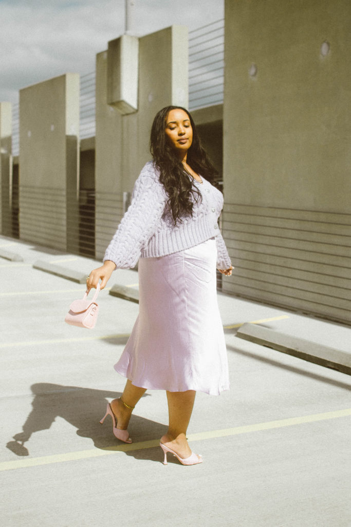 Purple Monochromatic Valentine’s Day Outfit; cable-knit cardigan from Zara and satin skirt from H&M